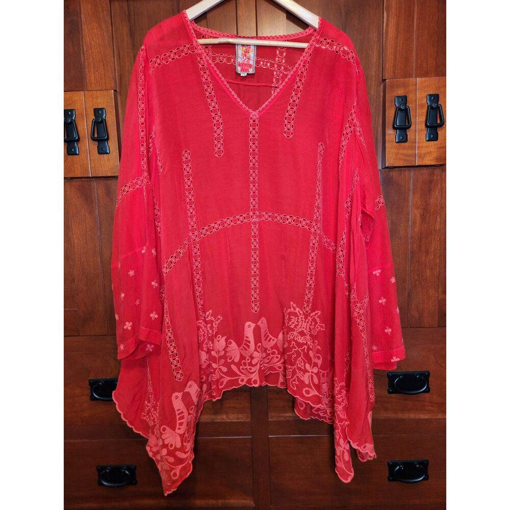 Johnny Was Eyelet Top Coral Long Sleeves with Embroidered Birds Women's Size 2XL